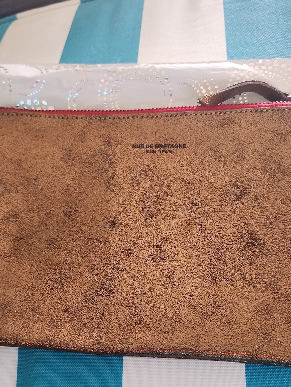 Rue De Bretagne, Clutch Bag with Red Zip, Metalic Leather. New Never Used